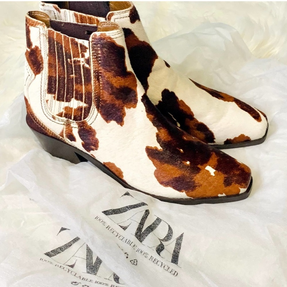 Zara Cow Print Ankle Booties - Brown and White